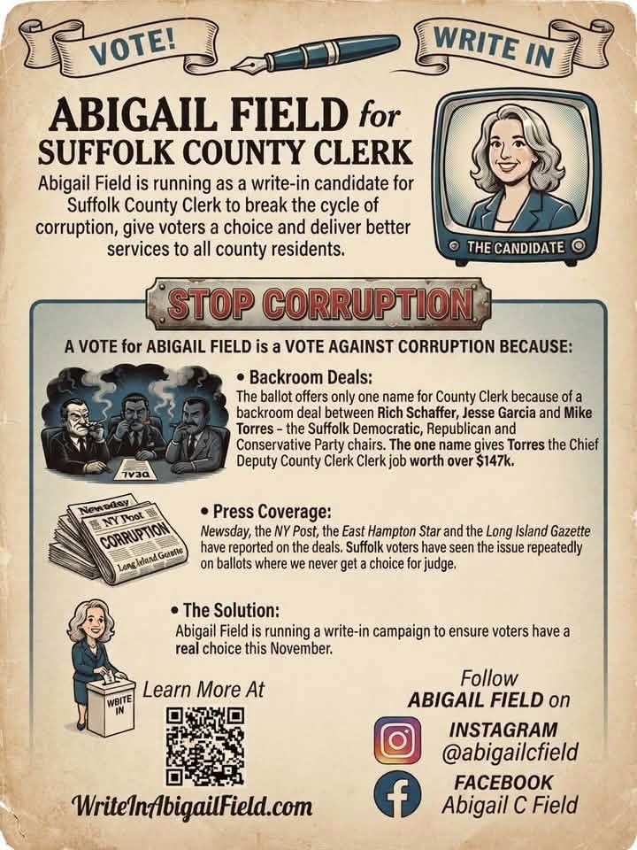 Campaign flyer explaining why a vote for Abigail Field is a vote against corruption