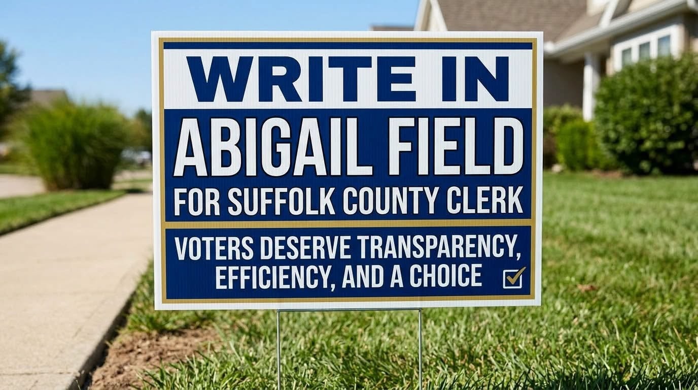 Write In Abigail Field for Suffolk County Clerk — Voters Deserve Transparency, Efficiency, and a Choice yard sign